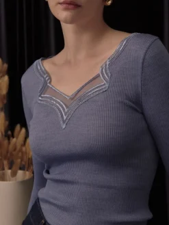 Wolle-Seide Shirts|Langarm^Oscalito Wolle-Seide Langarm-Shirt jeansblau mit Spitze von in jeansblau