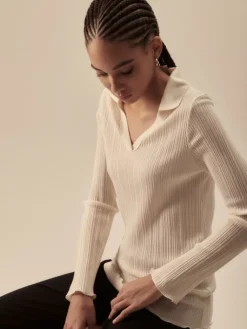 Wolle-Seide Shirts|Langarm^Oscalito Wolle-Seide Langarmshirt mit Polo-Kragen von naturweiss