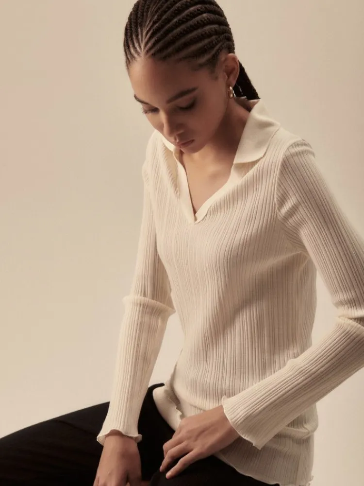 Wolle-Seide Shirts|Langarm^Oscalito Wolle-Seide Langarmshirt mit Polo-Kragen von naturweiss