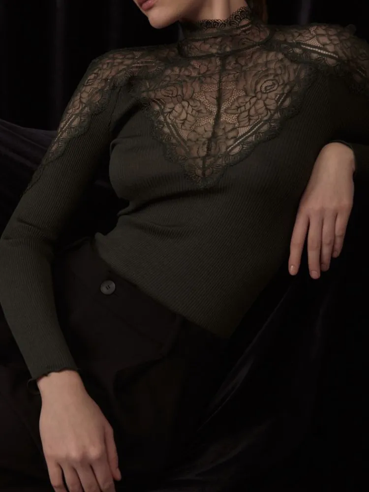 Shirt Mit Spitze|Langarm^Oscalito Wolle-Seide Langarmshirt mit floraler Spitze von in moosgrün