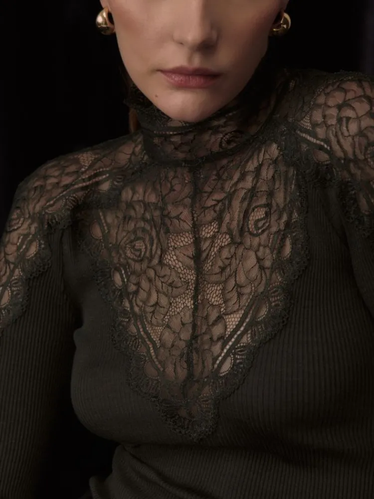 Shirt Mit Spitze|Langarm^Oscalito Wolle-Seide Langarmshirt mit floraler Spitze von in moosgrün