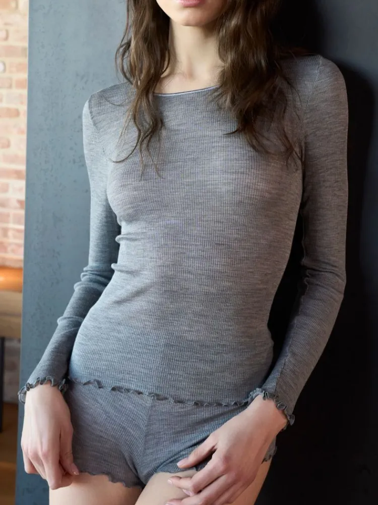 Wolle-Seide Shirts|Langarm^Boglietti Wolle-Seide Rippjersey Shirt ROMILDA von in grau meliert