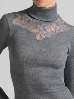 Shirt Mit Spitze|Wolle-Seide Shirts^Boglietti Wolle-Seide Rollkragenshirt BRIDGET grau von in grau meliert
