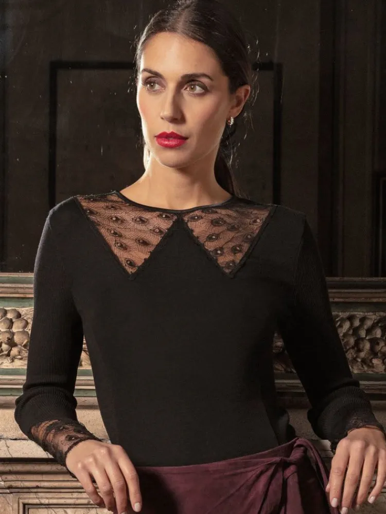 Wolle-Seide Tops|Tops Mit Spitze^Oscalito Wolle-Seide Shirt ALINA mit Spitze von schwarz