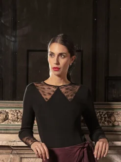 Wolle-Seide Tops|Tops Mit Spitze^Oscalito Wolle-Seide Shirt ALINA mit Spitze von schwarz