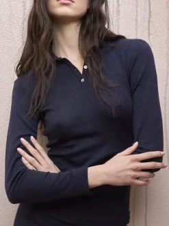 Wolle-Seide Shirts|Langarm^Boglietti Wolle-Seide Shirt mit Polo-Kragen BRISEIDE von in nachtblau oder schwarz