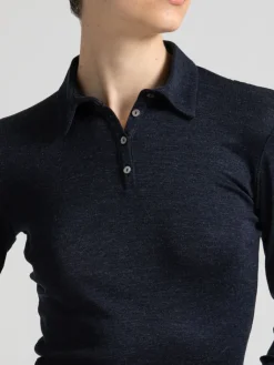 Wolle-Seide Shirts|Langarm^Boglietti Wolle-Seide Shirt mit Polo-Kragen BRISEIDE von in nachtblau oder schwarz