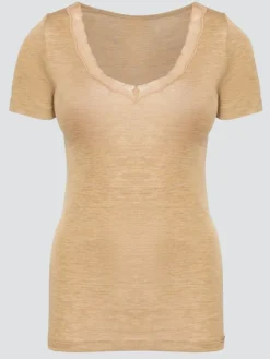 Wolle-Seide Tops|Tops Mit Spitze^comazo | earth Wolle-Seide T-SHIRT 2703 mit Spitze comazo|earth camel beige oder dunkelblau