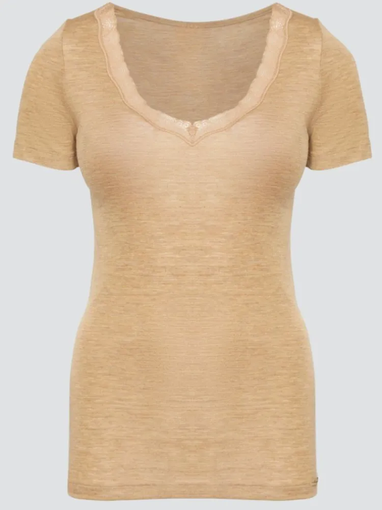 Wolle-Seide Tops|Tops Mit Spitze^comazo | earth Wolle-Seide T-SHIRT 2703 mit Spitze comazo|earth camel beige oder dunkelblau