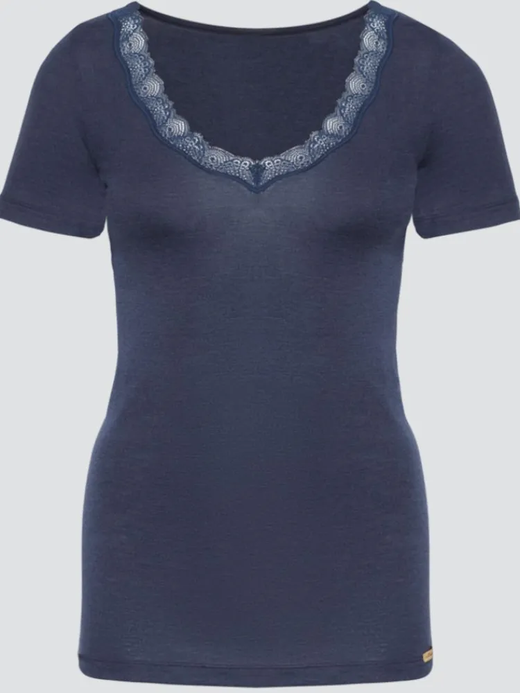 Wolle-Seide Tops|Tops Mit Spitze^comazo | earth Wolle-Seide T-SHIRT 2703 mit Spitze comazo|earth camel beige oder dunkelblau