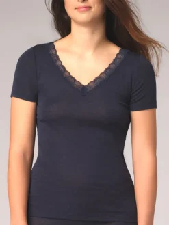 Wolle-Seide Tops|Tops Mit Spitze^comazo | earth Wolle-Seide T-SHIRT 2703 mit Spitze comazo|earth camel beige oder dunkelblau